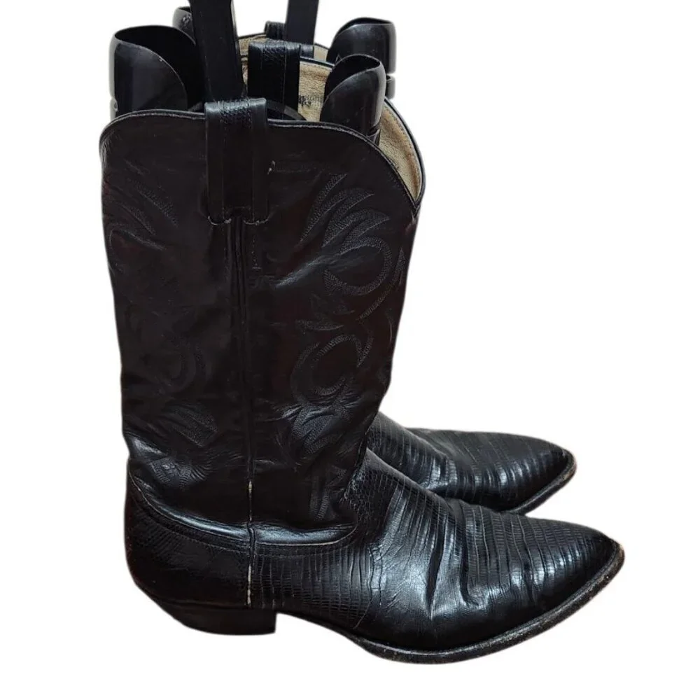 Vtg Larry Mahan Black Leather Cowboy Boots SIze 11 B, made in Texas
